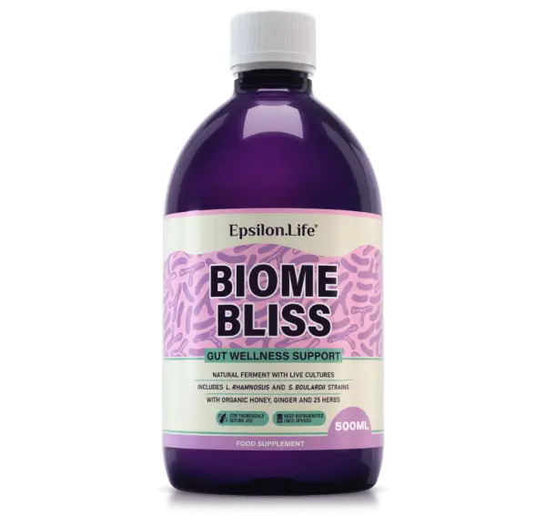 biome bliss gut health supplement - natural ferment with s.boulardii and l.rhamnosus ginger herbs