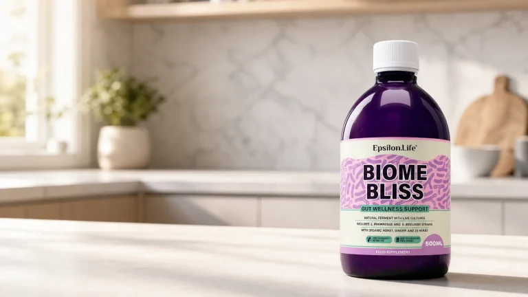 biome bliss is an all-natural fermented probiotic prebiotic postbiotic drink with ginger and 25 other herbds and botanicals with no artificial fillers or additives