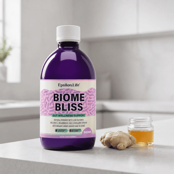 Epsilon Life Biome Bliss fermented gut health supplement, live cultures, unpasteurised, organic honey and apple juice base