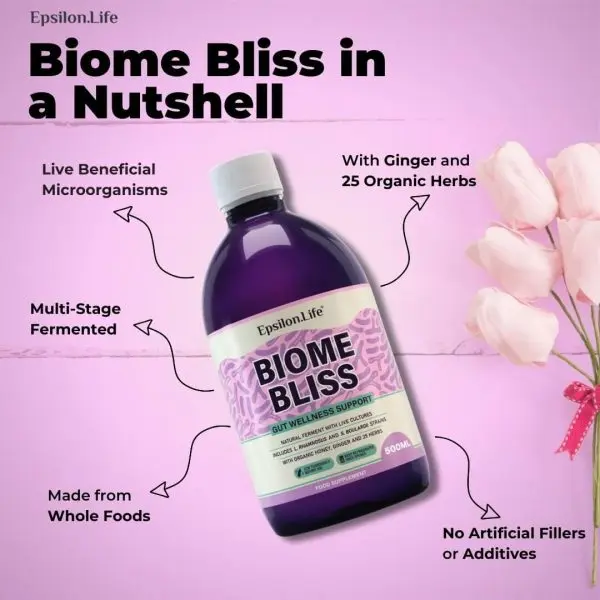 biome bliss gut support with effective microorganisms bacteri fungi postbiotics ginger herbs epsilon life