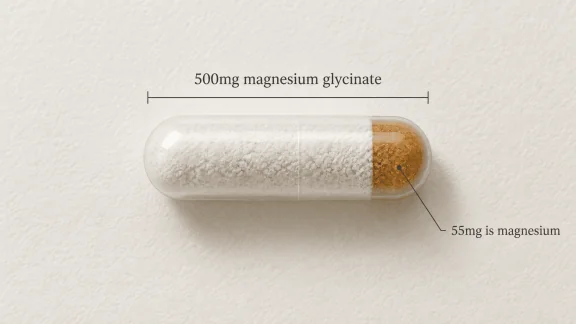 Magnesium glycinate capsule: 500mg of magnesium glycinate, of which 55mg is elemental magnesium