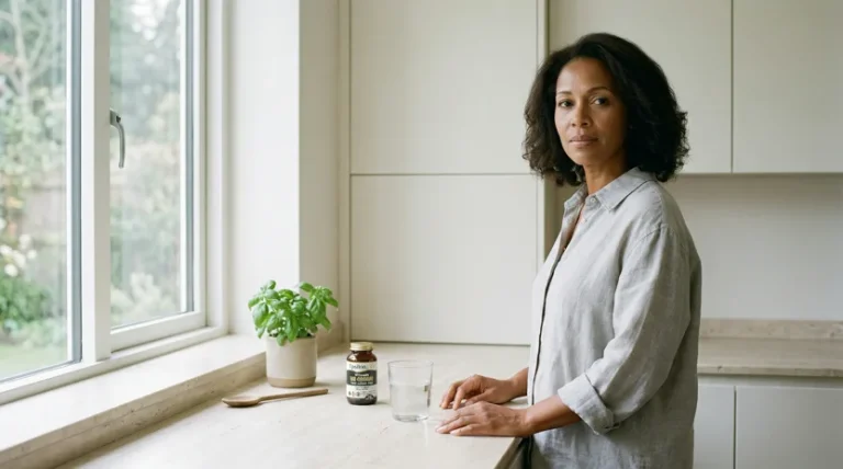 a bottle of epsilon life vitamin d3k2 with zinc, boron and mct oil on a kitchen counter. lady of the house about to take her morning vitamin d capsule