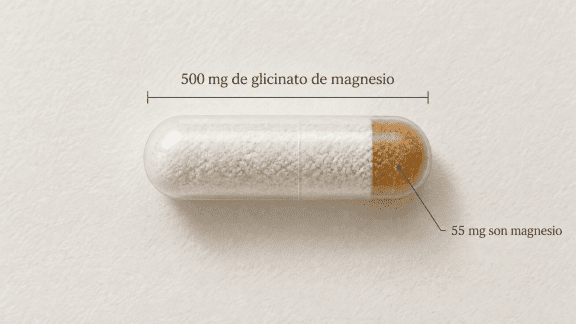 Cápsula con 500 mg de glicinato de magnesio, de los cuales 55 mg son magnesio elemental