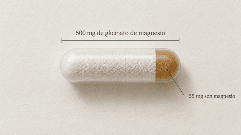 Cápsula con 500 mg de glicinato de magnesio, de los cuales 55 mg son magnesio elemental