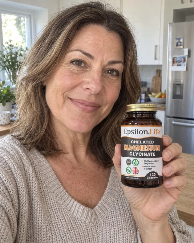 Woman holding a bottle of Epsilon Life Magnesium Glycinate