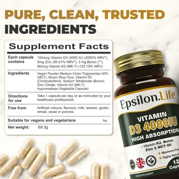 epsilon life vitamin d3k2 ingredients zinc citrate boron mct oil no artificial fillers