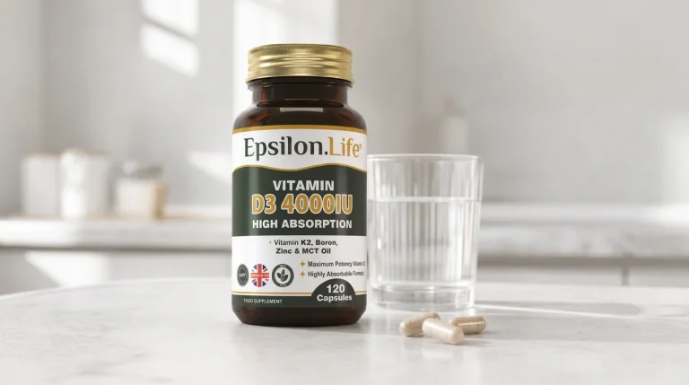what depletes vitamin d - an image of epsilon life vitamin d3k2 supplement in a kitchen setting